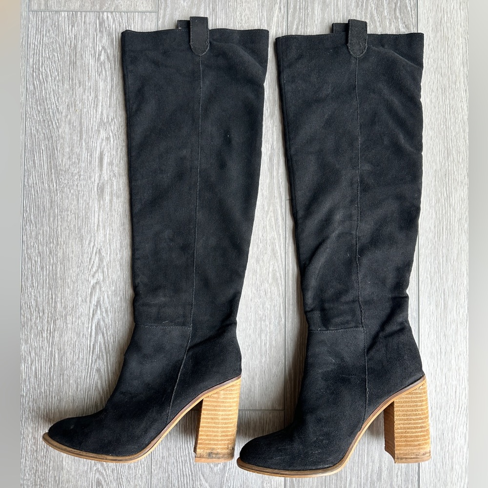 Mi.iM Black Suede Knee-High Block Heel Boots with Tan Stacked Heel